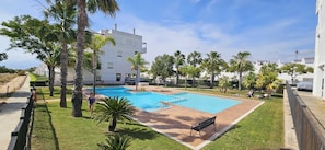 A swimming pool with a surrounding deck, palm trees, and a building in the background.