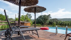 Un pontile di legno con poltrone relax, una piscina e vista sul paesaggio circostante.