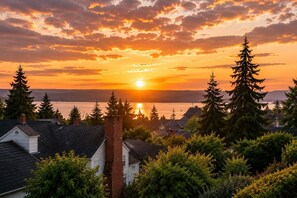 A sunset view over a residential area with houses, trees, and a body of water.