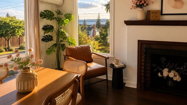 Ein gemütliches Wohnzimmer mit Kamin, einer bequemen Couch, einem Esstisch und einem großen Fenster mit herrlichem Ausblick.