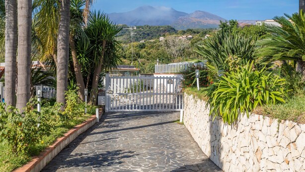 A paved pathway leading to a gated entrance, surrounded by palm trees and a stone wall. - Apartment in Villa with Pool (Giarre)