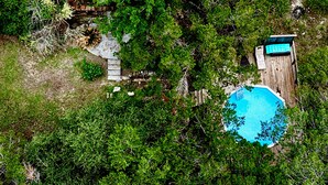 Vista aérea de un patio trasero con piscina, cerca de madera y abundante vegetación.