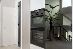 Een moderne keuken met een inbouwoven en een potplant.