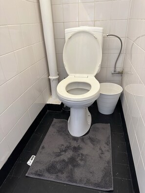 Et standard badeværelse med et hvidt toilet, en hvid skraldespand og en sort gulvmåtte.