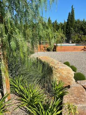 Un jardín ajardinado con piscina, rodeado de diversas plantas y árboles.