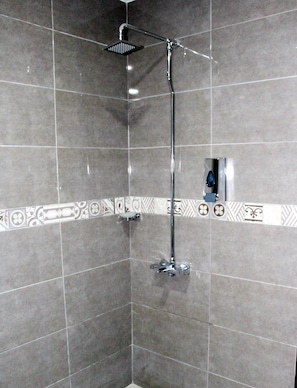 Un espacio de ducha con cabezal de ducha de mano, un cabezal de ducha tipo lluvia y un panel de control en la pared.