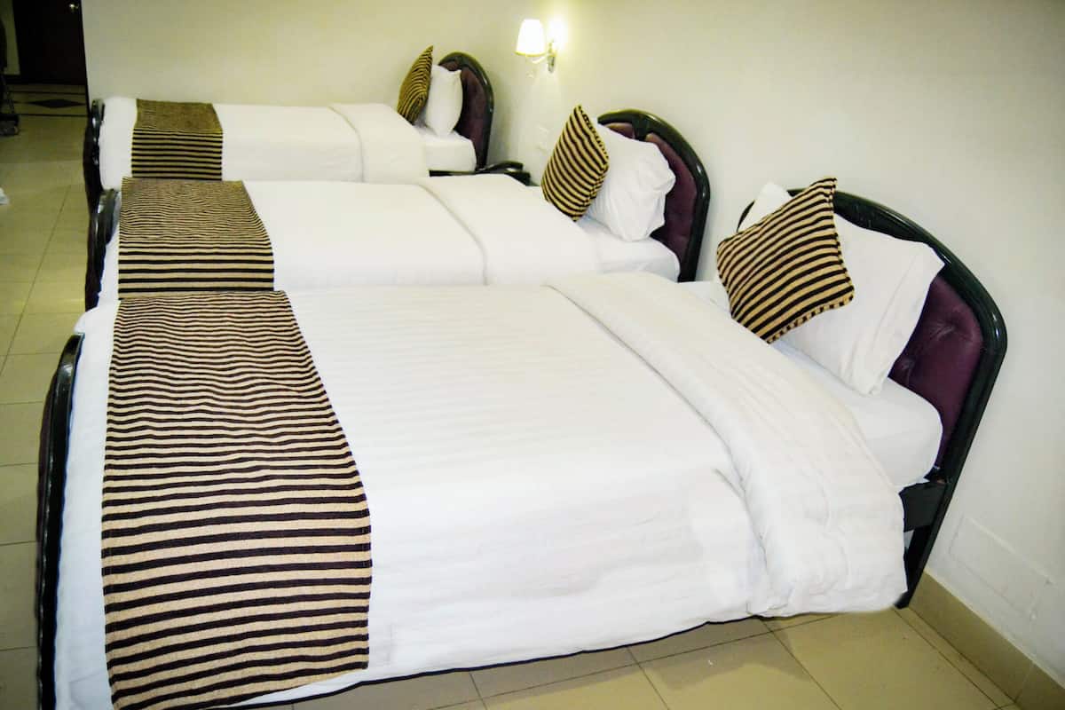 Una habitación de hotel con tres camas, cada una con una colcha a rayas y almohadas a juego.