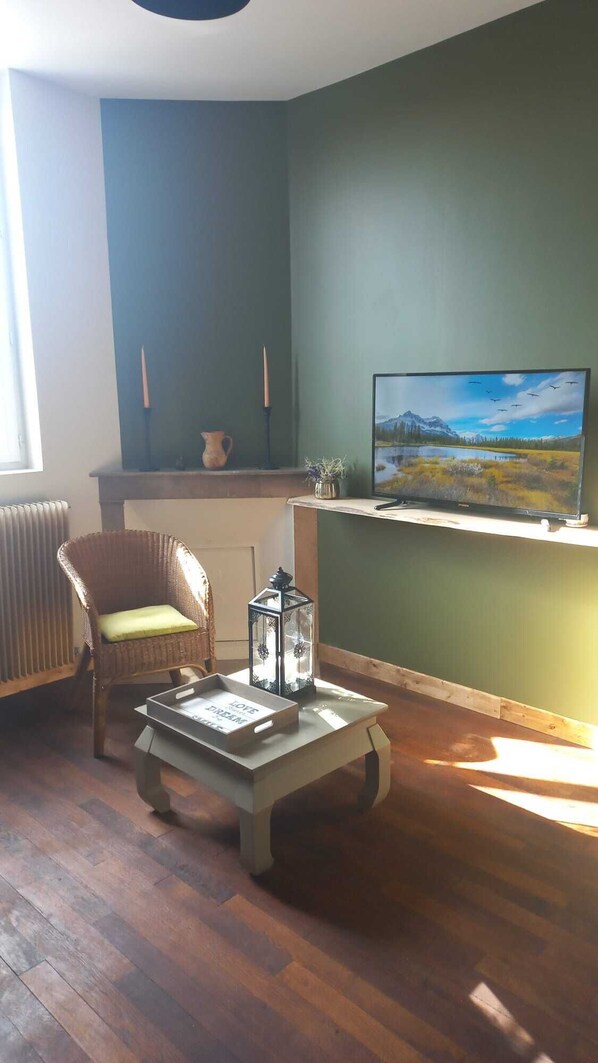 Uma sala de estar com televisão, uma poltrona de vime, uma mesa com um livro e um vaso com flores.