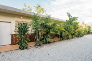 Un edificio con una puerta de garaje marcada '15', una cerca de madera y diversas plantas tropicales a lo largo del lateral.