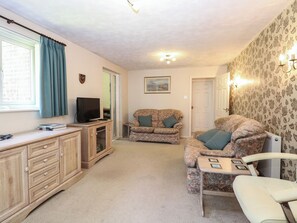 A living room with a television, a sofa, a chair, a cabinet, and a door.