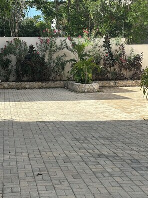 Um pátio pavimentado com muros de pedra e diversas plantas.