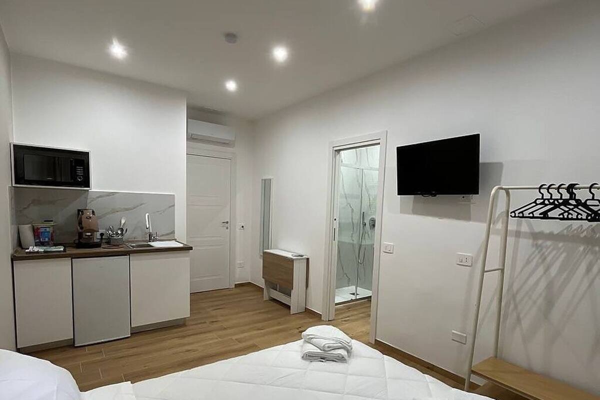Una habitación de hotel con cama, televisión, microondas, pequeña cocina y ducha.