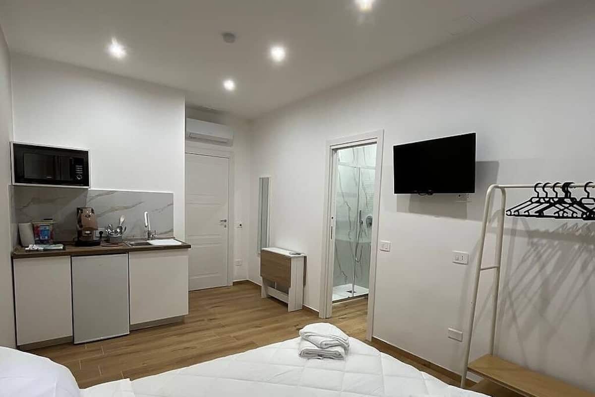 A hotel room with a bed, a TV, a microwave, a small kitchenette, and a shower.