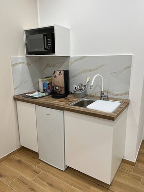 Estudio clásico, baño privado | Cocina privada | Frigorífico, microondas, placa de cocina y utensilios de cocina