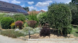 A residential garden with solar panels, various shrubs, and a small birdhouse. - A39, Exit N*5, T1: Quiet/Peaceful/Relaxing/Safe. Sleeps 2 (140/200) + pets (Tréclun)