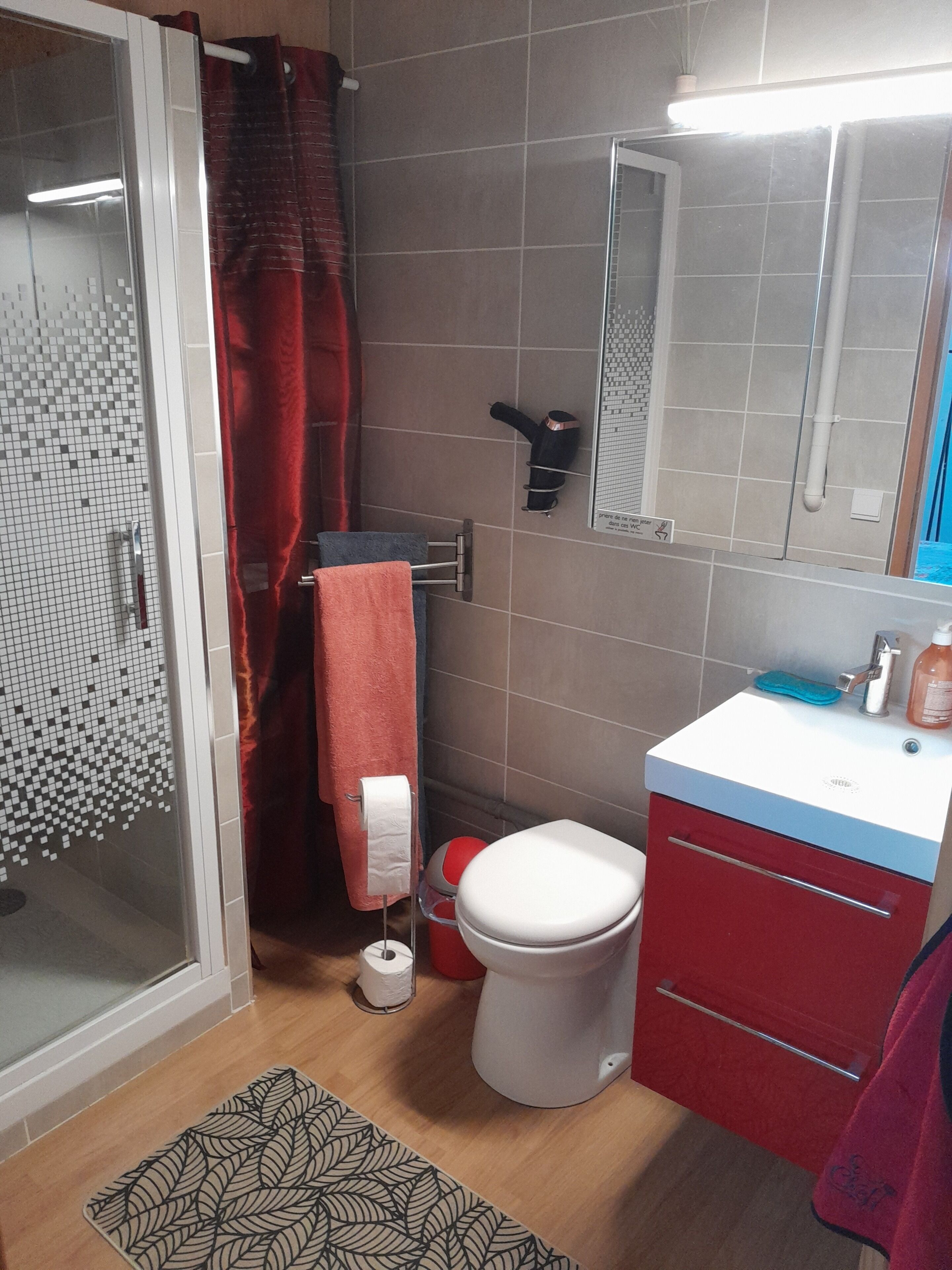 Een badkamer met douche, toilet en wastafel, met betegelde vloer en een kamerkleed met dessin.