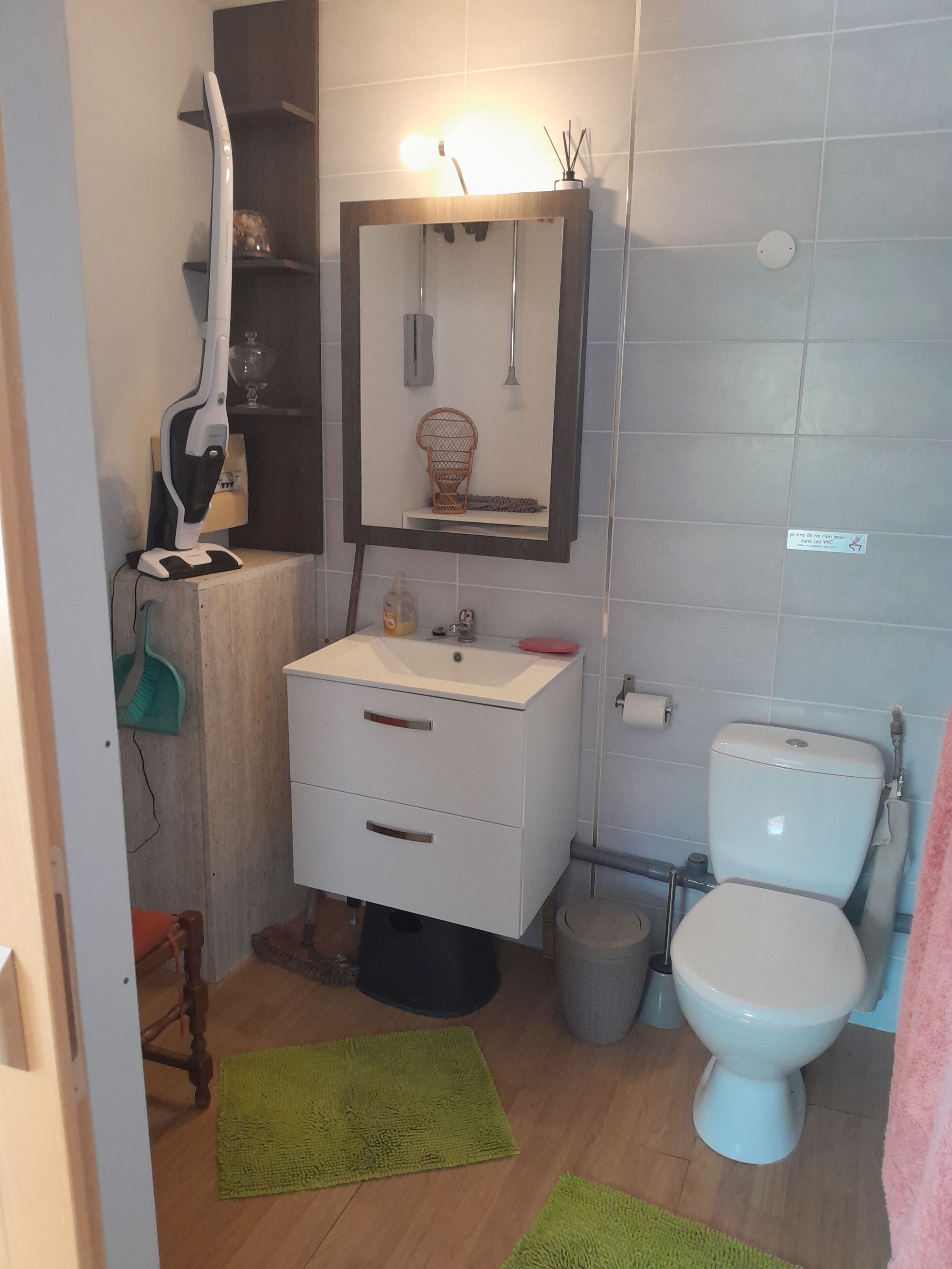 Een badkamer met een witte wastafel, spiegel en toilet. Er ligt een groene mat op de vloer en een plankje met een haardroger en andere spullen.