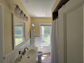 Casa de banho com lavatório, espelho e sanita. Tem janelas e cortina de chuveiro.