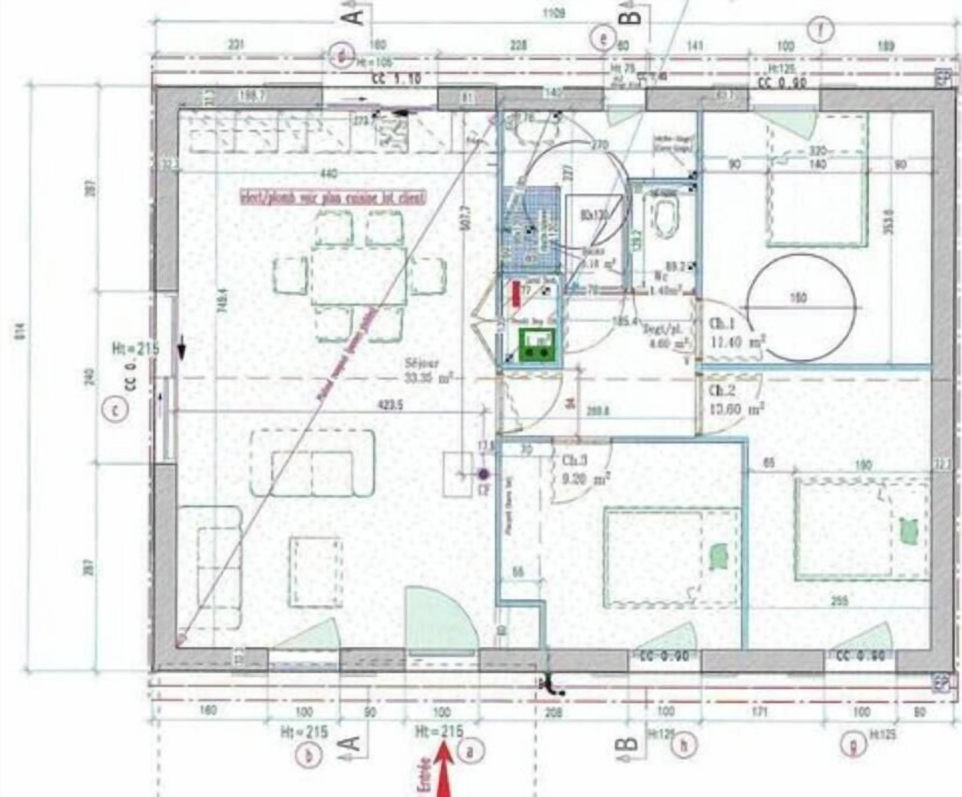 A floor plan with labeled rooms, a dining area, and a circular feature.