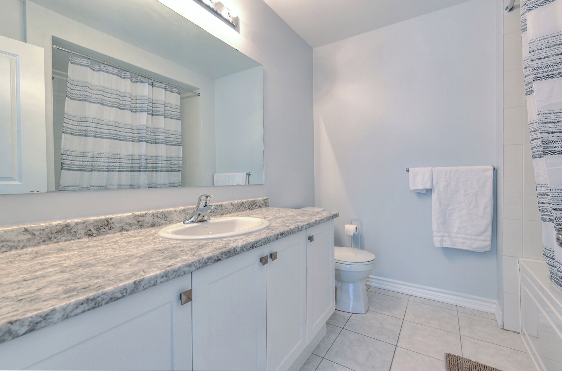 Une salle de bain avec un lavabo en marbre, des toilettes et un rideau de douche.