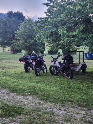 Zwei Motorräder stehen auf einer Wiese mit Bäumen im Hintergrund.