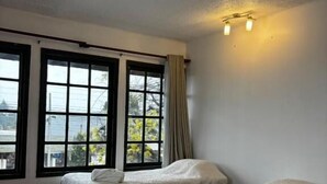 A room with two beds, large windows, and a ceiling light fixture. - Hotel Boutique Wenupillan (Villarrica)