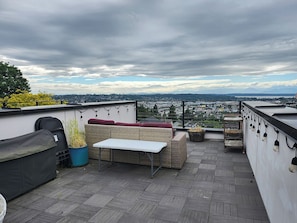 Une terrasse sur le toit, aménagée avec un canapé, une table et des plantes en pot.
