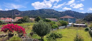 Un paysage rural avec des maisons, un bâtiment vert et une colline en arrière-plan.