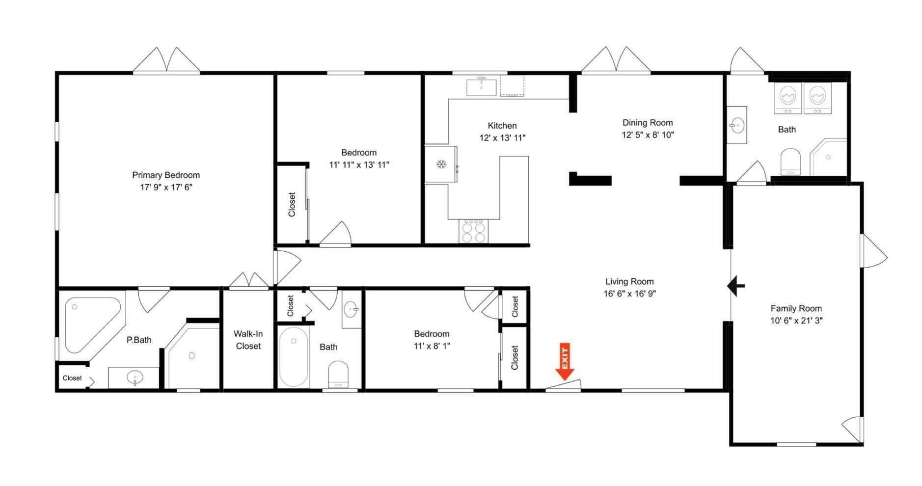 Plano de planta de un hotel que muestra una habitación principal, habitaciones secundarias, cocina, comedor, baño, sala de estar y sala familiar.