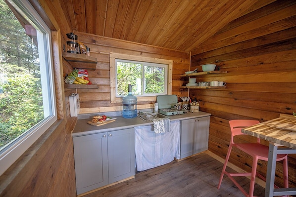 A compact kitchen with wooden walls, a window, and a sink.