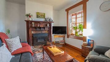 Fireplace, books