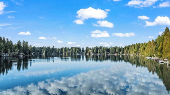 A calm lake with reflections of trees and a clear sky.