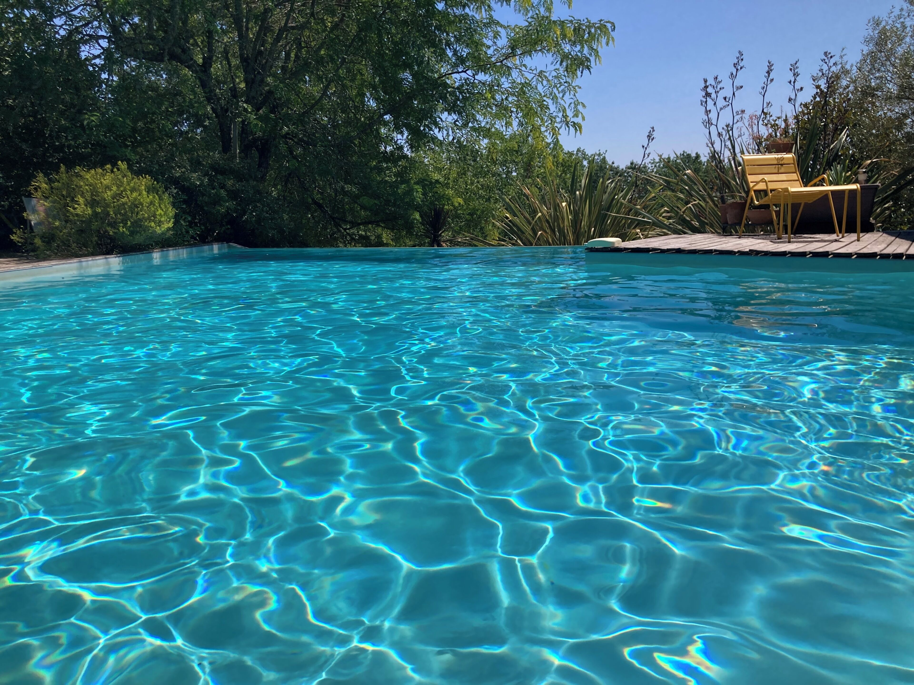 Une piscine aux eaux cristallines, entourée d’arbres, et une terrasse en bois avec une chaise.