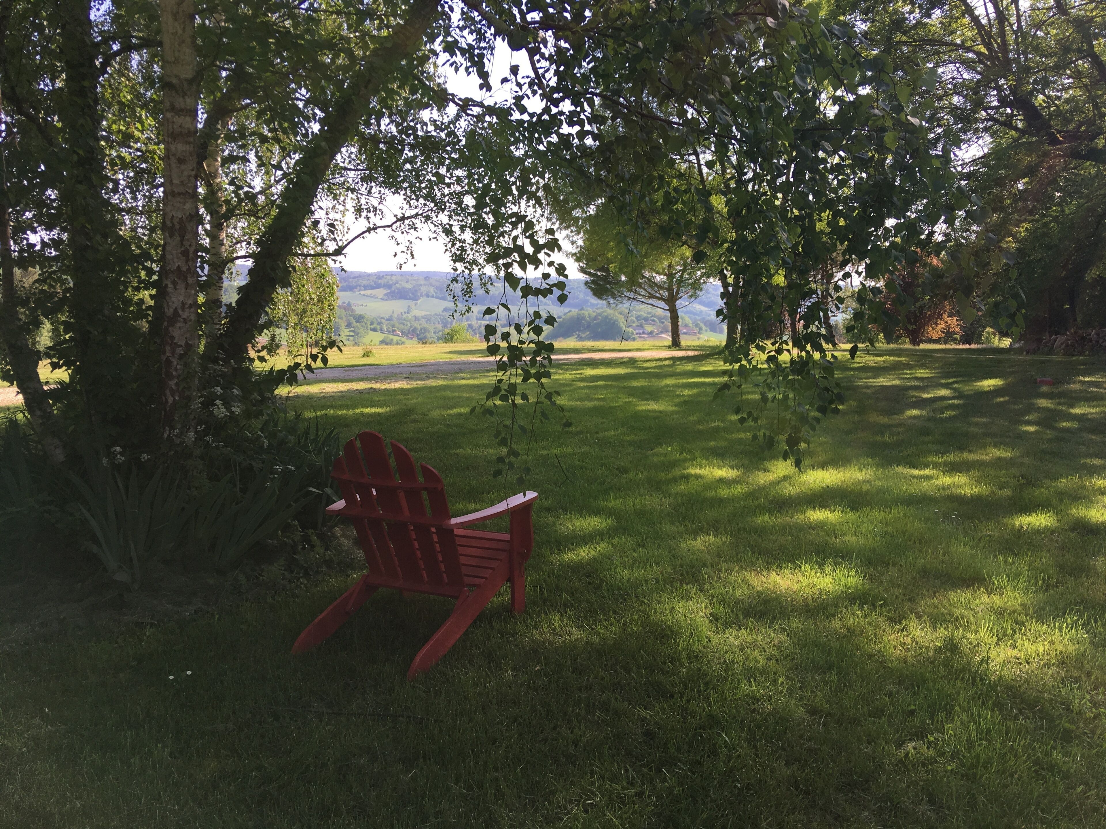 Une chaise Adirondack rouge, placée dans un espace verdoyant, entourée d’arbres, avec une vue lointaine sur des collines.