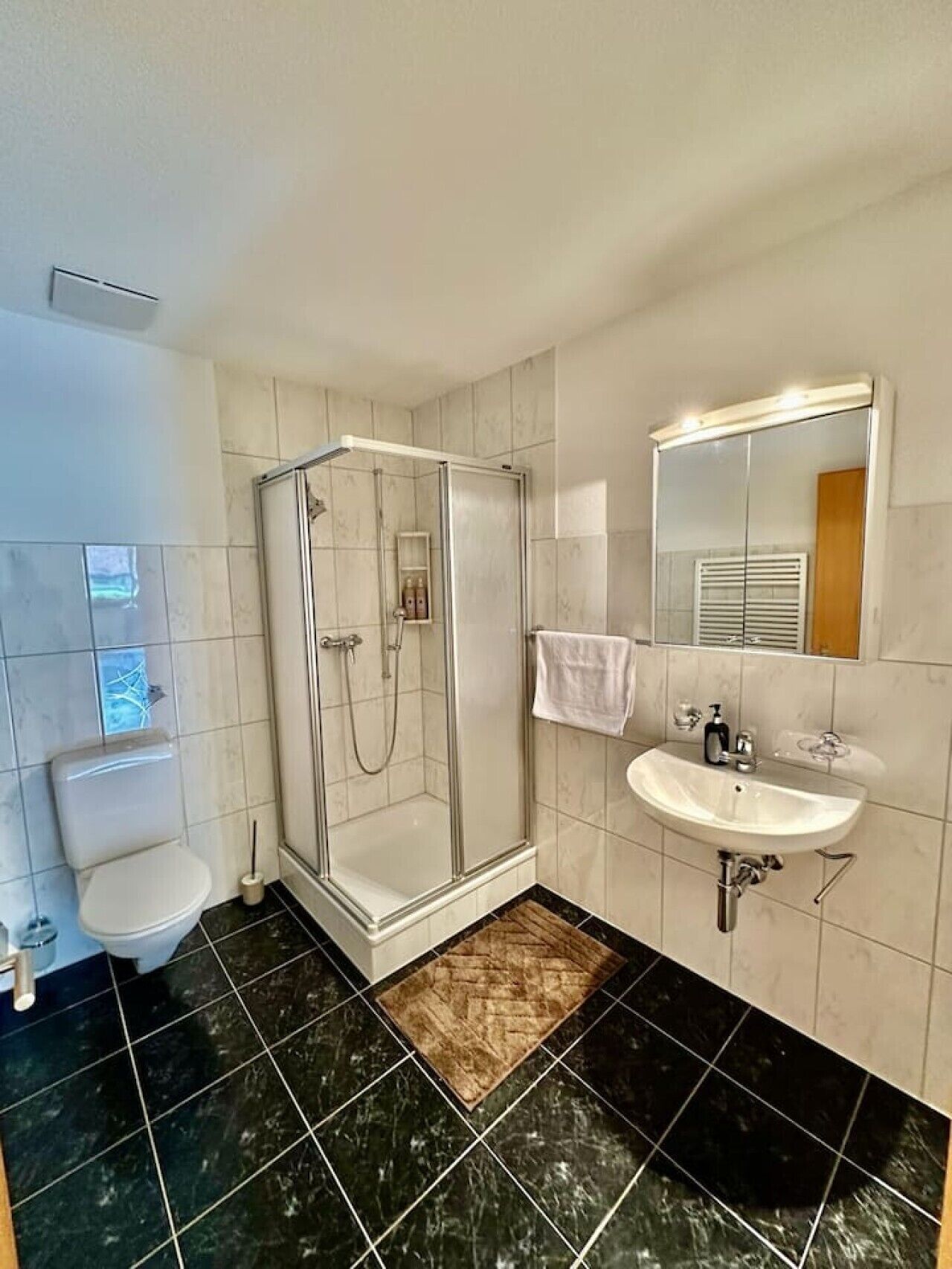A bathroom with a glass-enclosed shower, a toilet, a sink with a mirror, and a towel hanging on the wall.