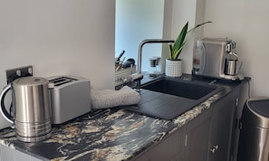 Une cuisine équipée d’un grille-pain en acier inoxydable, d’un évier, d’une machine à café et d’une plante en pot.