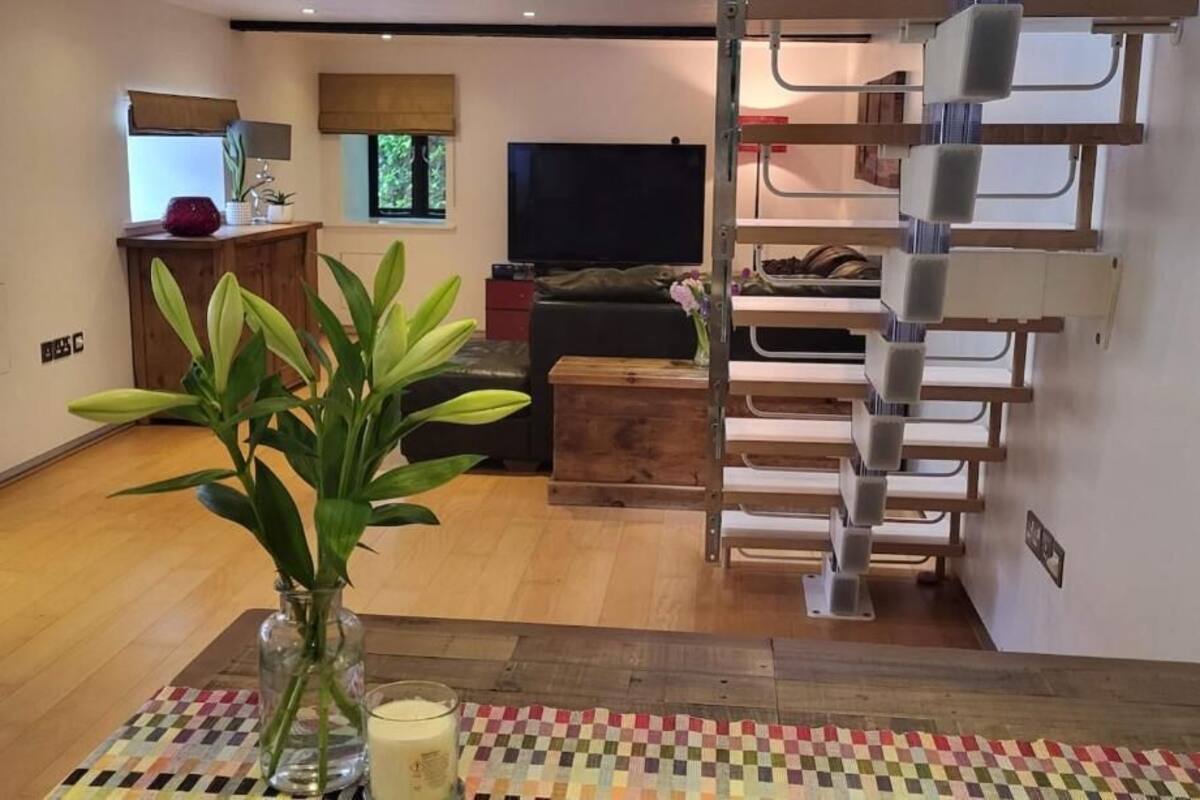 Un salon avec un canapé, un téléviseur, une table basse et une plante.