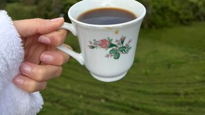 A hand holding a white mug with floral designs, filled with a dark liquid, against a backdrop of a green landscape and cloudy sky.