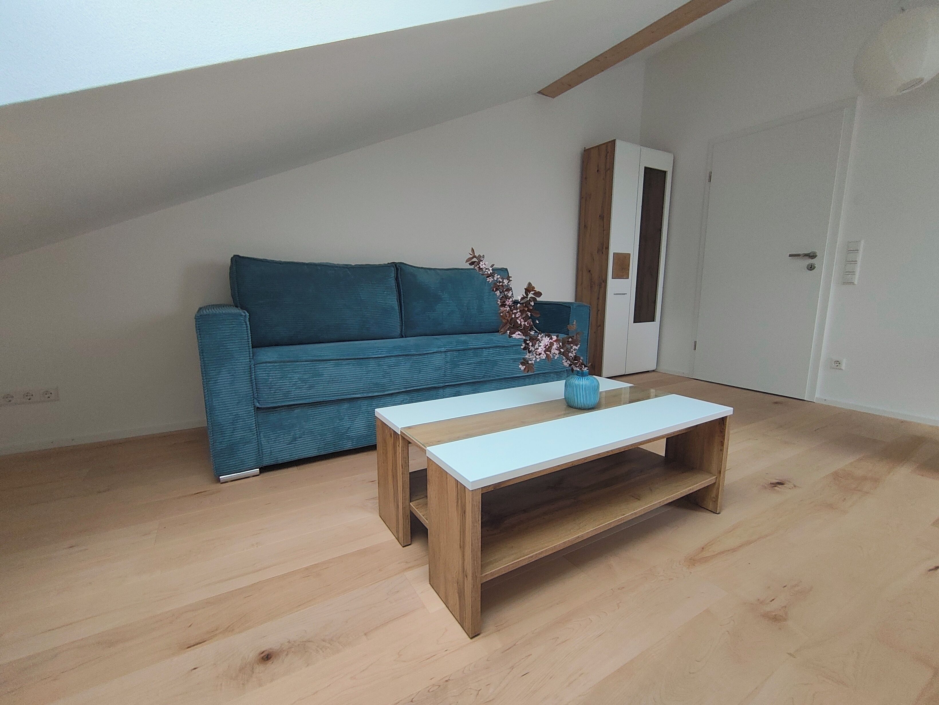 A room with a blue sofa, a wooden coffee table, and a white door.