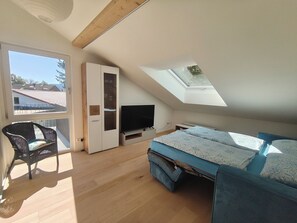A bedroom with a skylight, a television, a bed, a chair, and a wardrobe. - Cozy 3-bedroom vacation apartment with a private terrace and views of the mountains and lake (Hergensweiler)