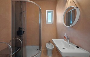 Et badeværelse med bruseniche i glas, en bidet, en vask og et spejl.