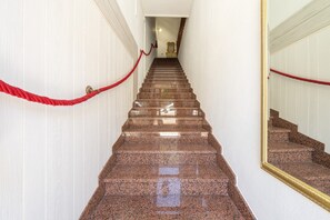 A marble staircase with red ropes, leading to a room with a mirror and a framed picture on the wall.