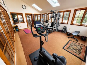 A home gym with exercise equipment, a yoga mat, and a patterned rug.
