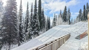 Eine verschneite Landschaft mit einer hölzernen Treppe, die einen Hügel hinaufführt, umgeben von immergrünen Bäumen.