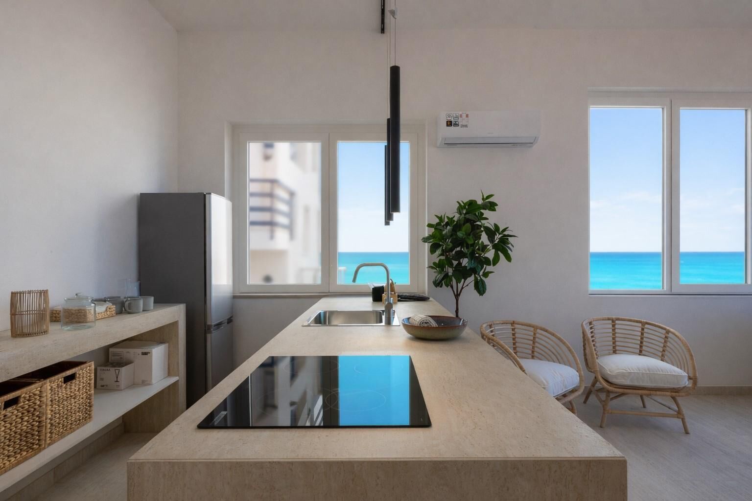 Een moderne keuken met een centraal eiland, een inbouwfornuis en uitzicht op de zee door grote ramen.