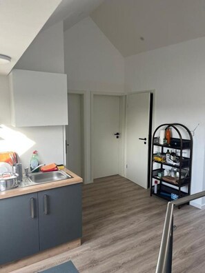Ett modernt kök med en inbyggd diskho, en liten köksö och ett metallställ med diverse föremål.
