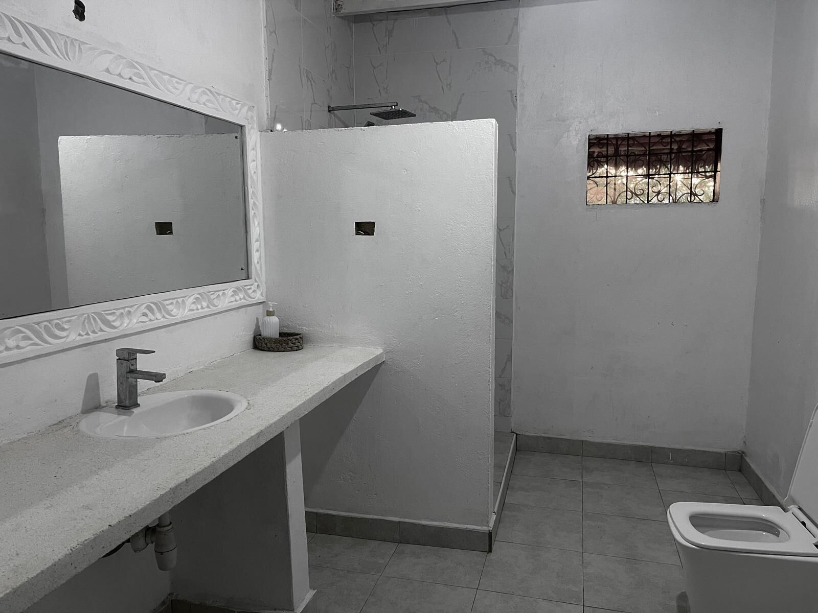 Shower, towels, soap, toilet paper