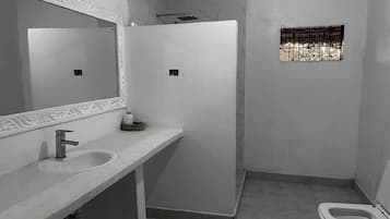Shower, towels, soap, toilet paper