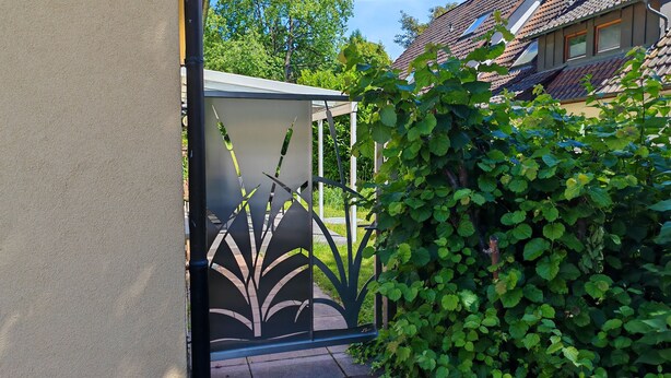 Un jardí amb una porta metàl·lica, un camí i una casa amb teulada al fons.