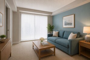 A living room with a sofa, a coffee table, a lamp, a plant, and a window with blinds. - The Elowyn Hotel (Toronto)